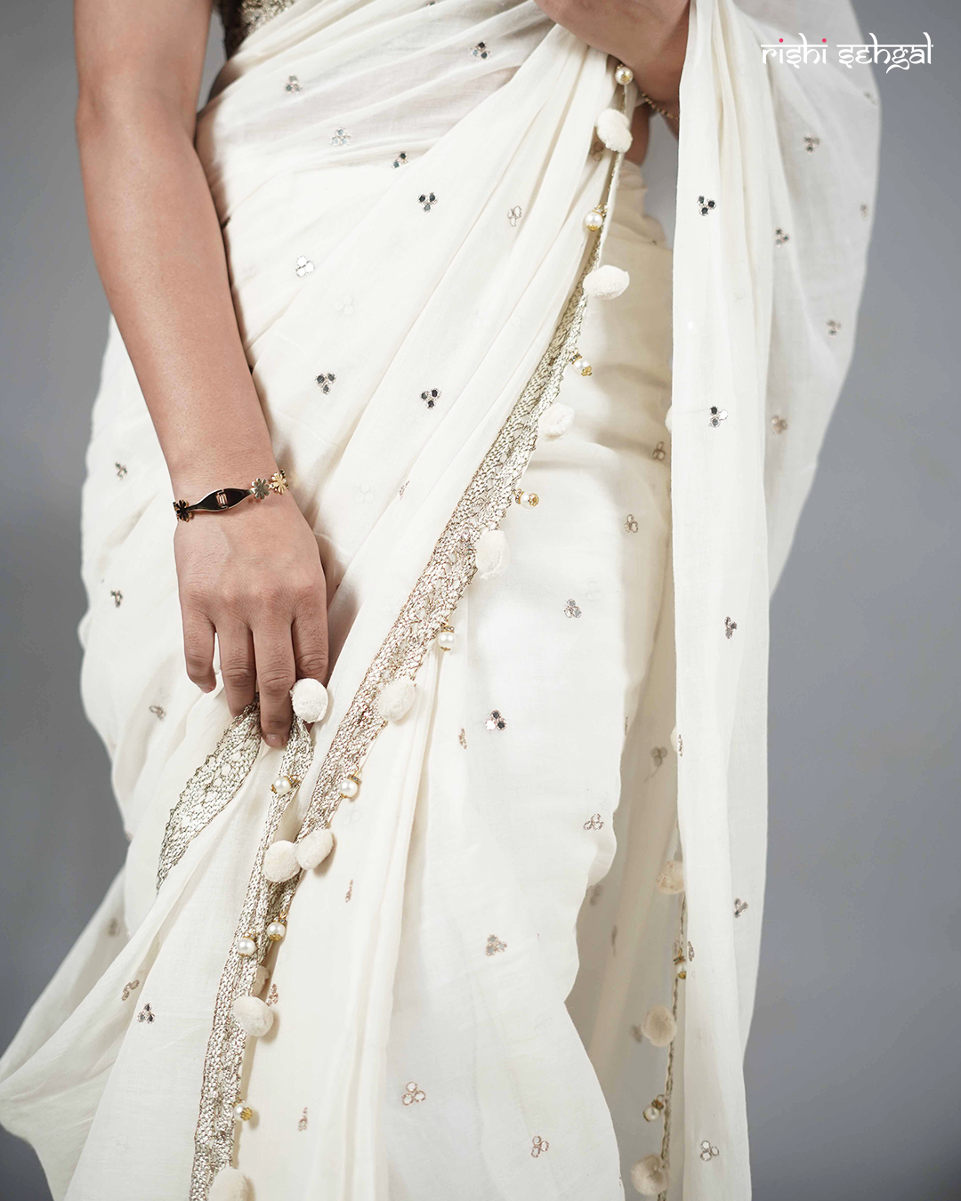 Ivory Cotton Mirror Work Saree