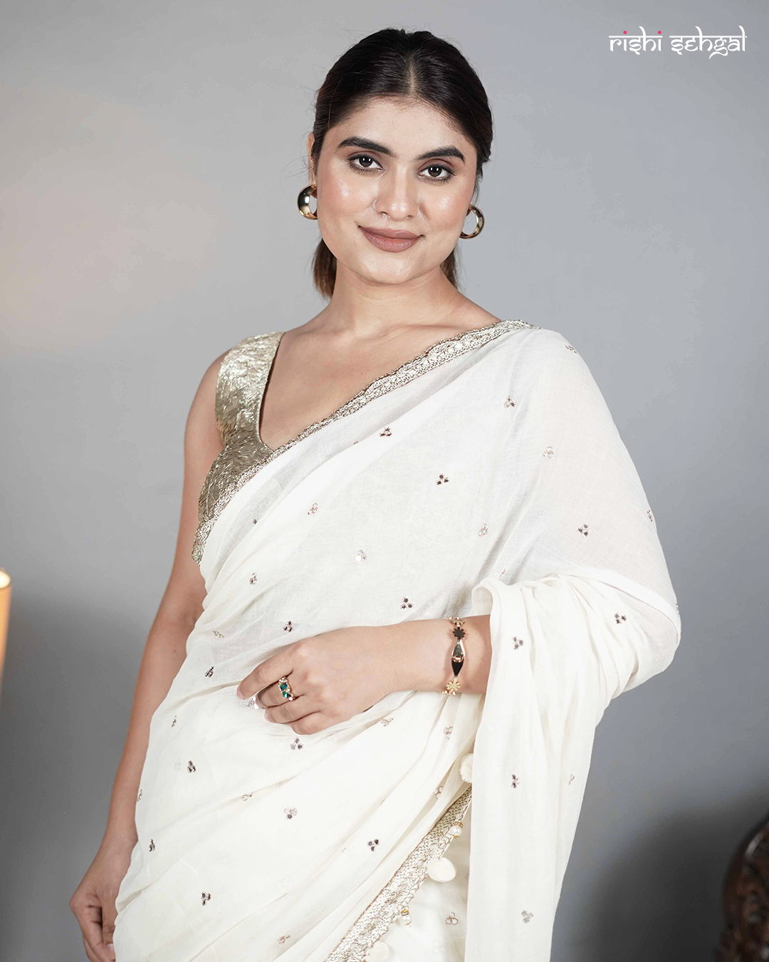 Ivory Cotton Mirror Work Saree