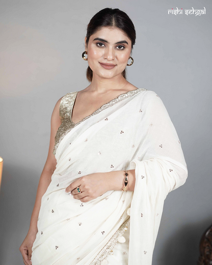 Ivory Cotton Mirror Work Saree