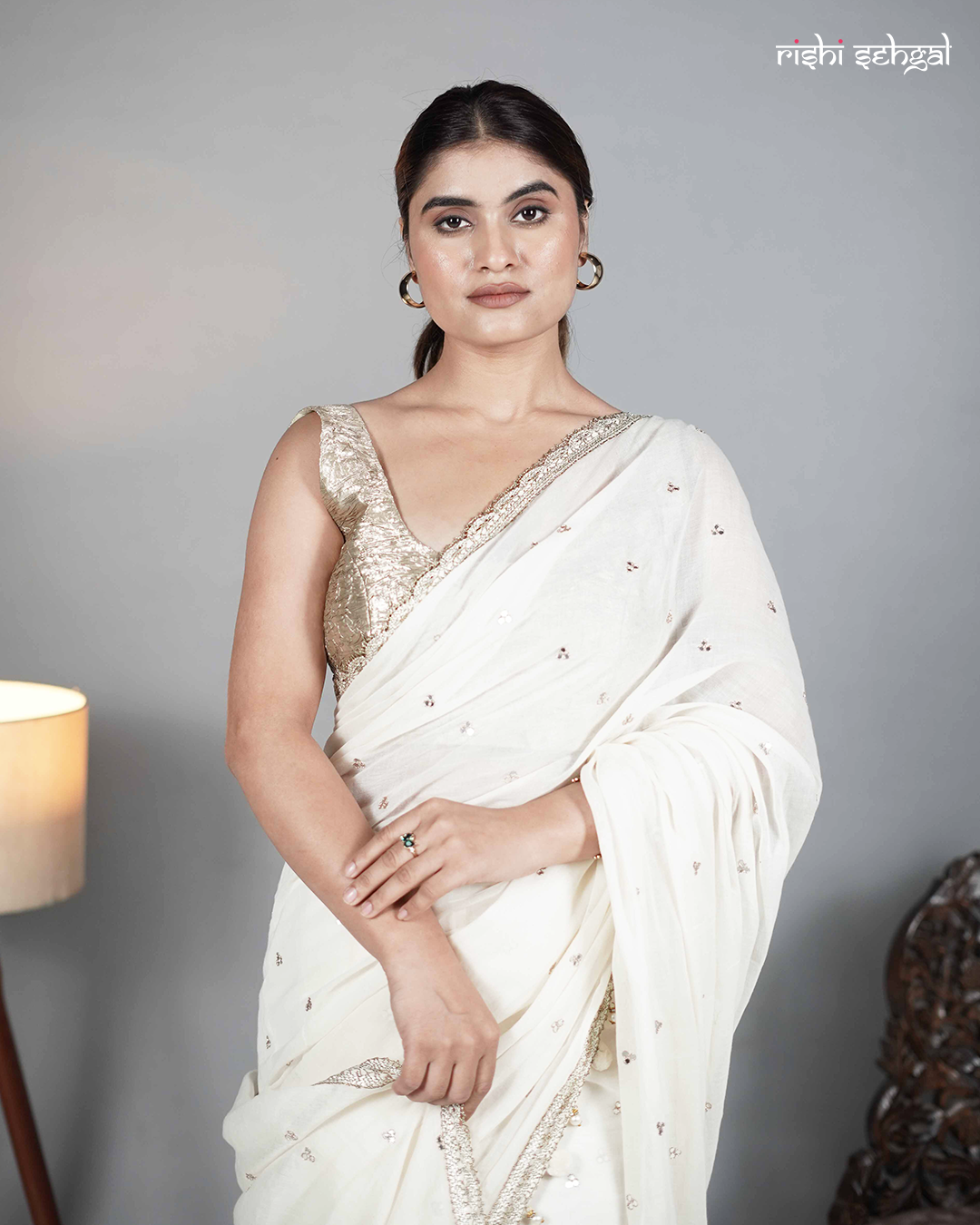 Ivory Cotton Mirror Work Saree