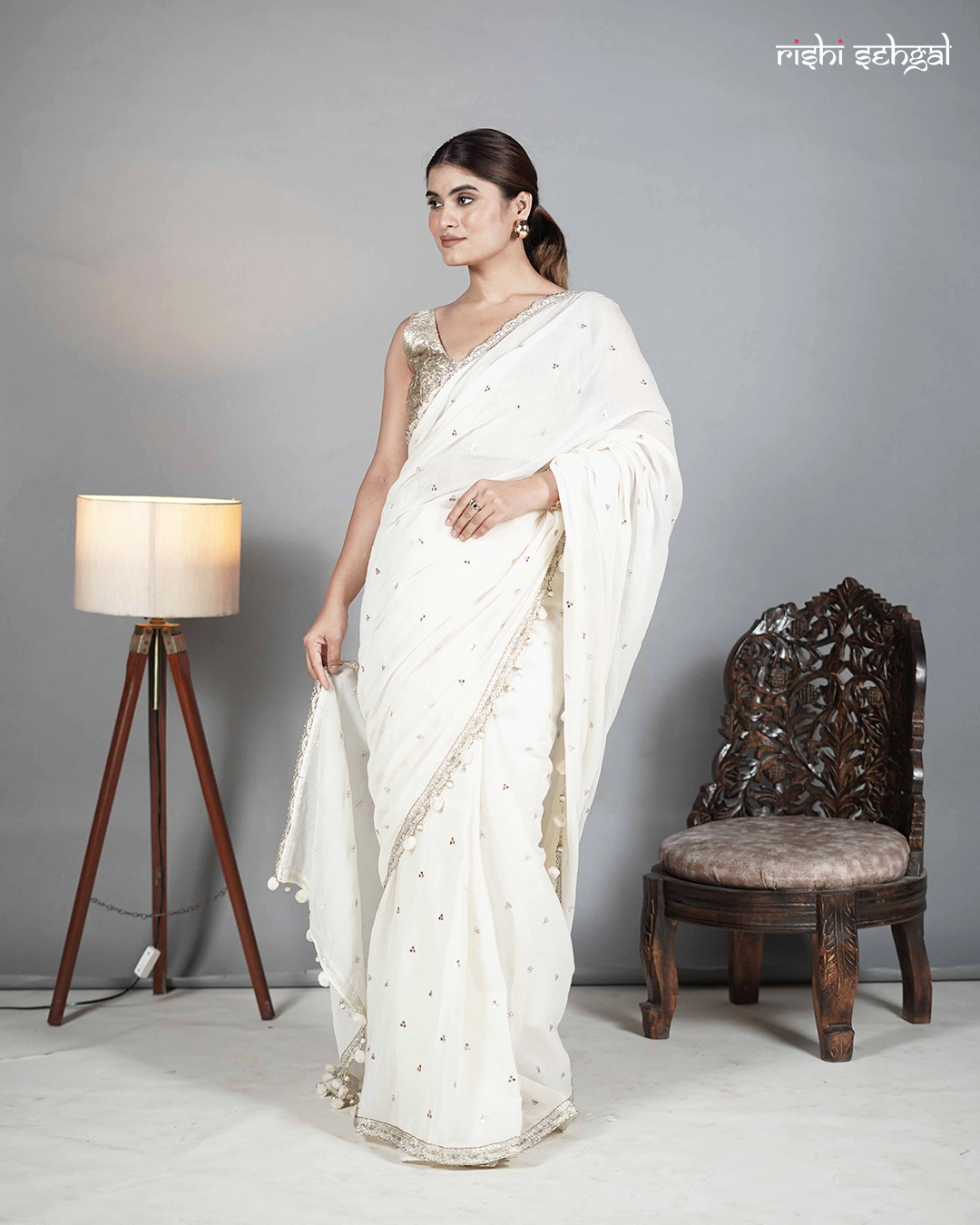 Ivory Cotton Mirror Work Saree