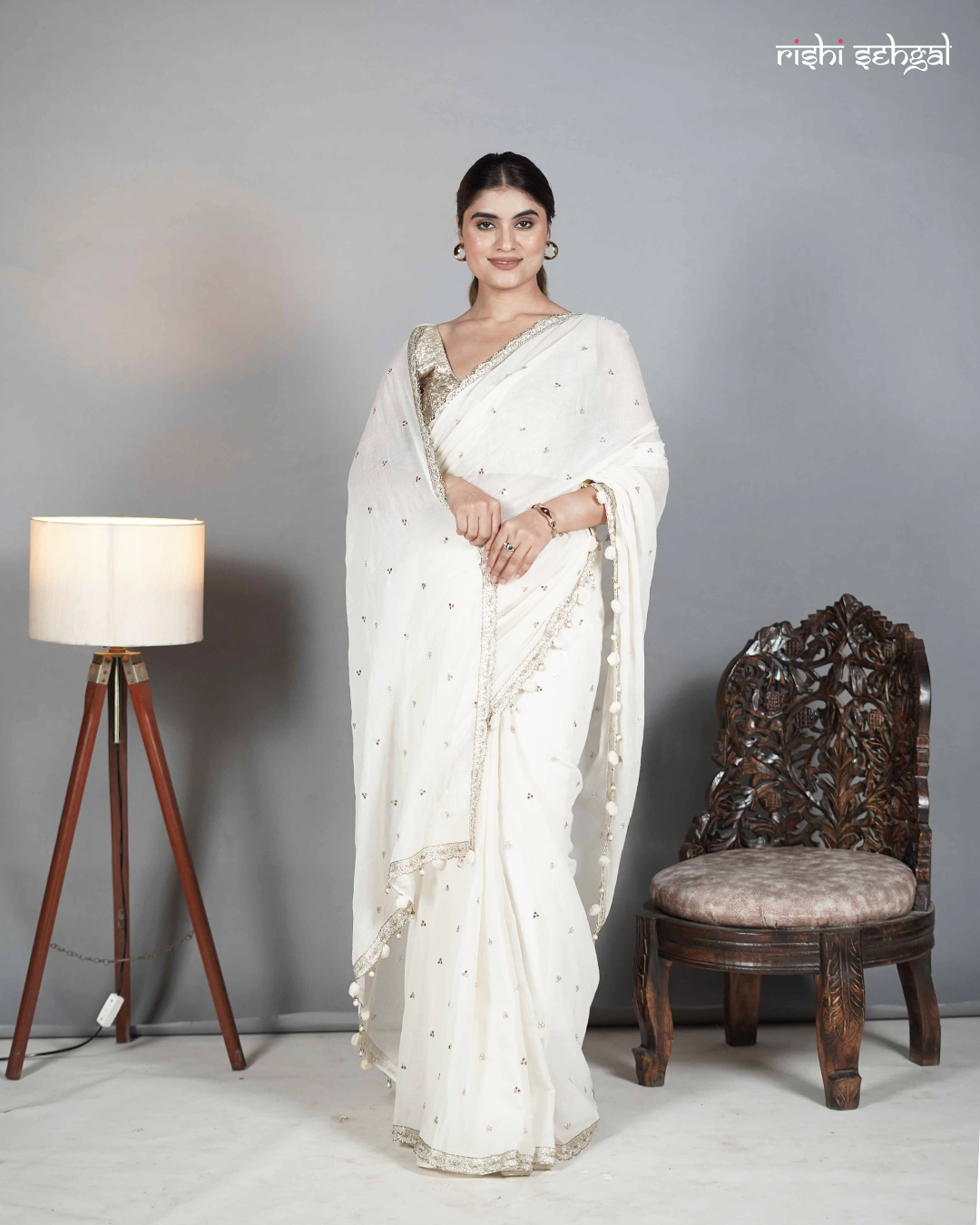 Ivory Cotton Mirror Work Saree