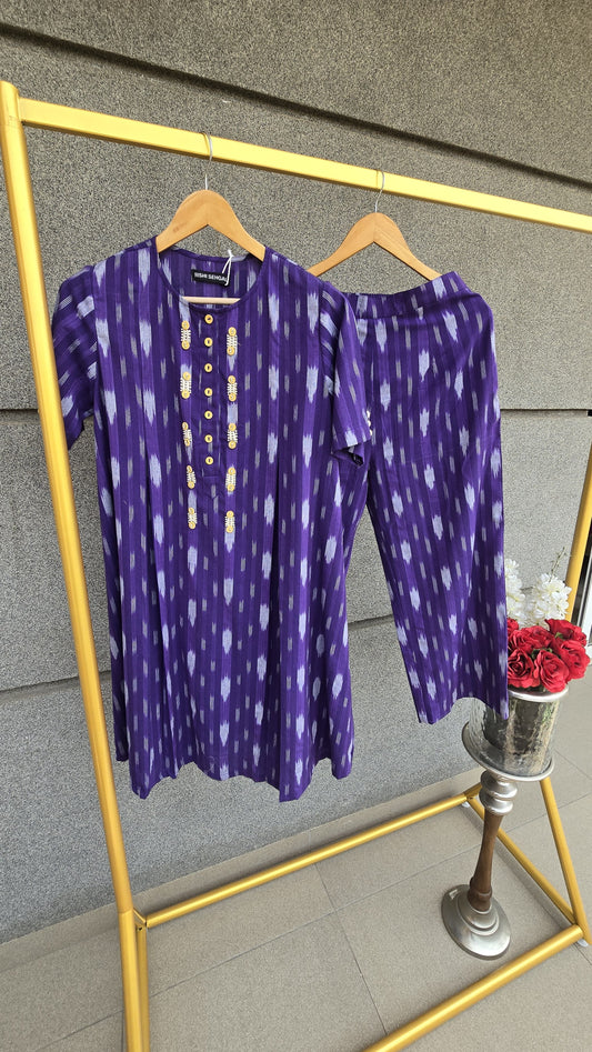 Ira Purple ikat hand Embroidered co-ord set