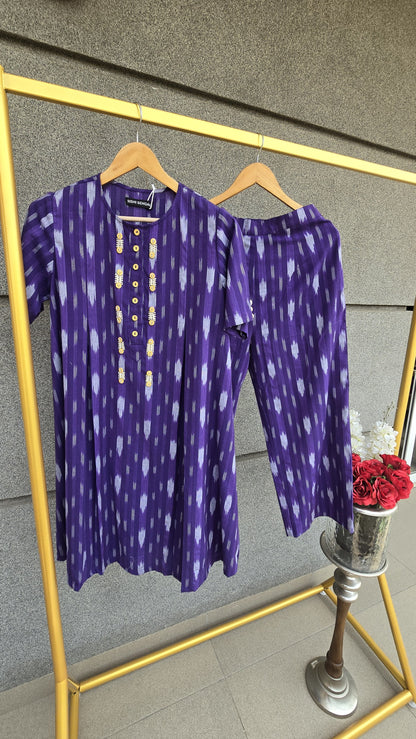 Ira Purple ikat hand Embroidered co-ord set