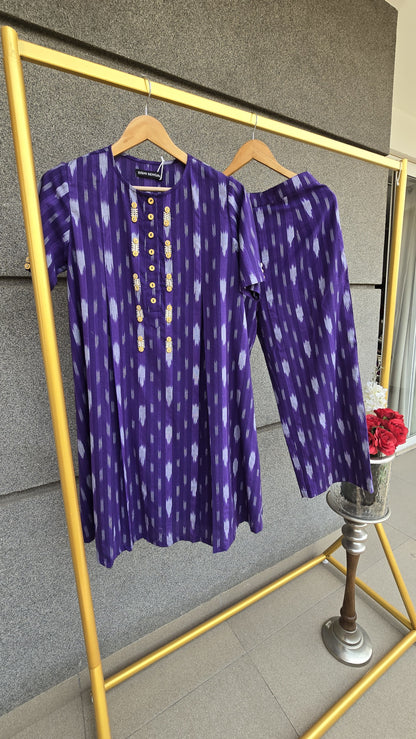 Ira Purple ikat hand Embroidered co-ord set