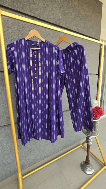 Ira Purple ikat hand Embroidered co-ord set