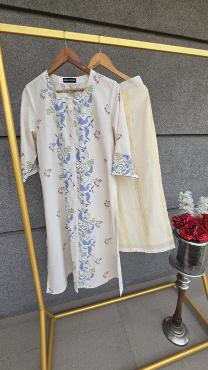 KORA...Printed co-ord set with Cotton Gold weaved striped lower