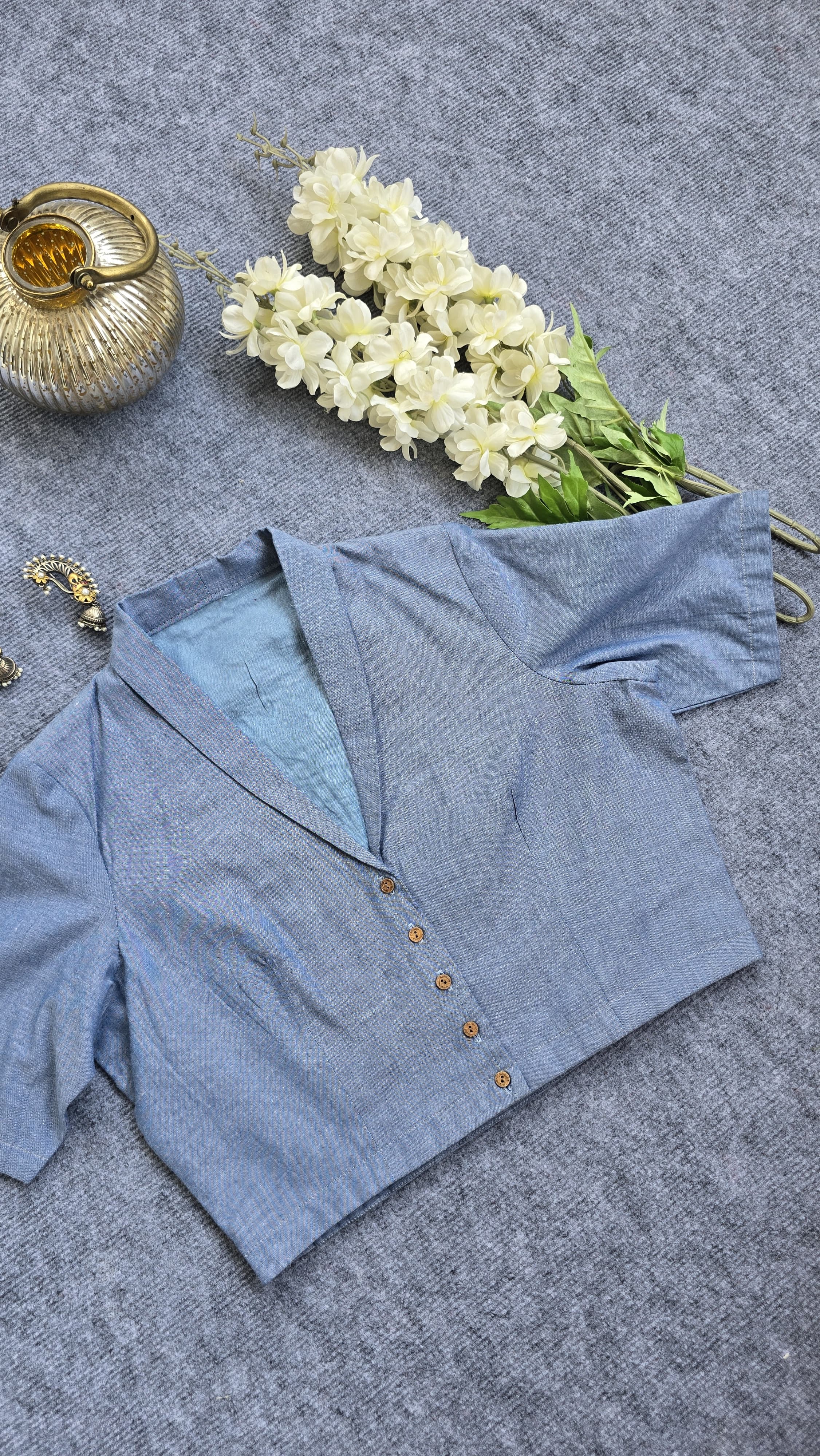 Blue Collared Chambray Cotton Blouse