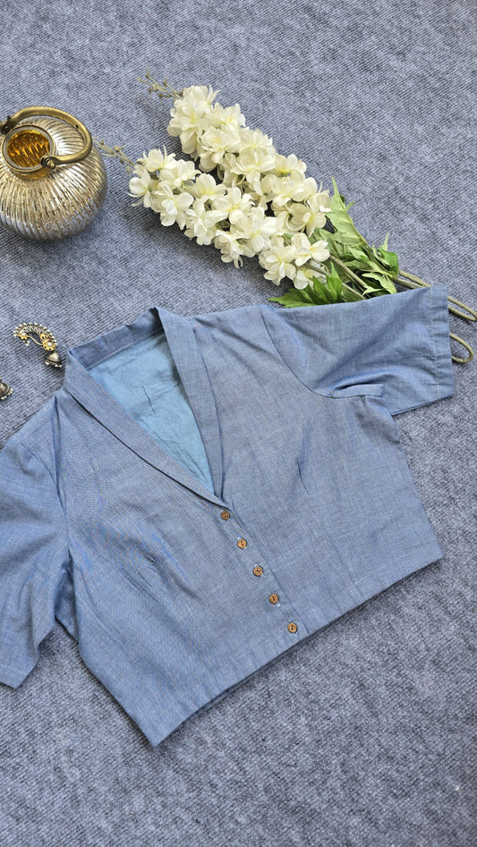 Blue Collared Chambray Cotton Blouse