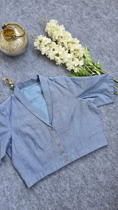 Blue Collared Chambray Cotton Blouse